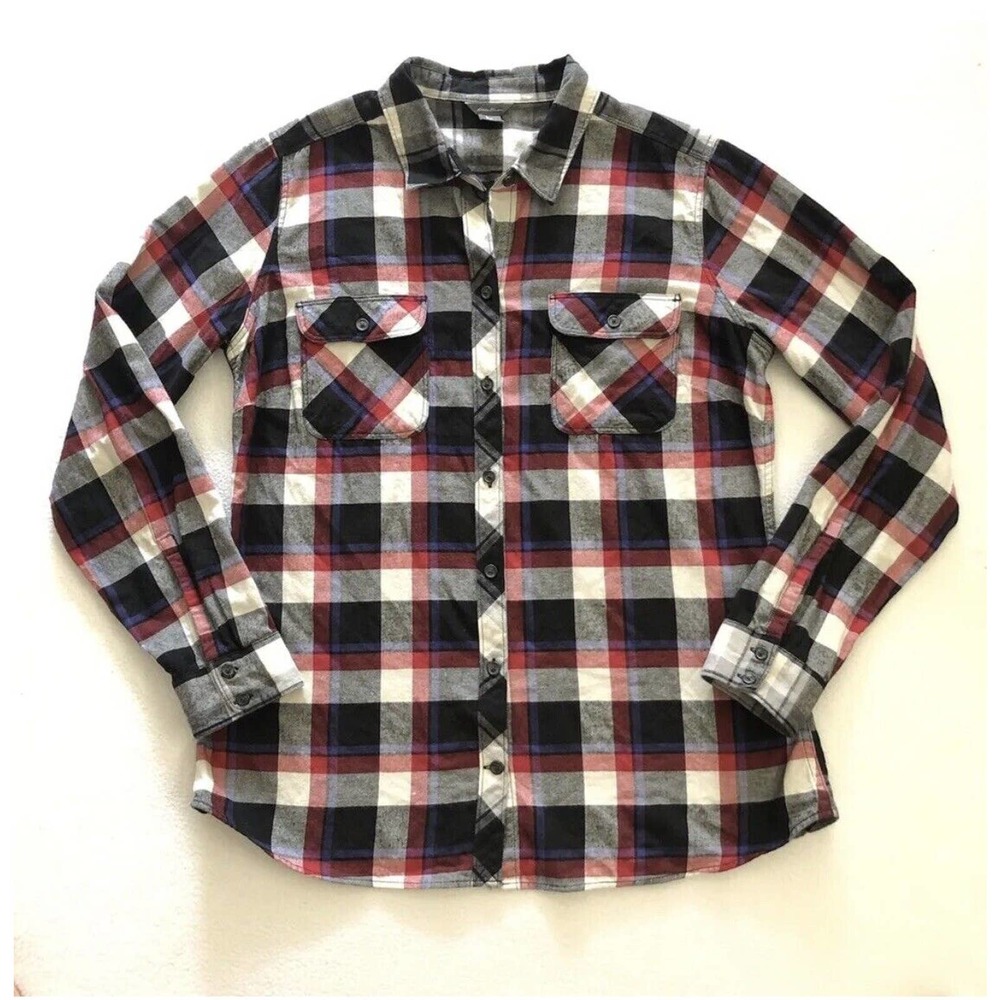 Eddie Bauer Black Red Purple Plaid Cotton Flannel Long Sleeve Button Shirt Top L